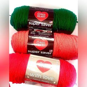 Red Heart super save 364 yards. Flamingo Flamante, Paddy Green, and Holly Berry